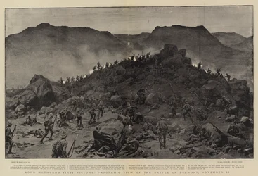 Primeira vitória de Lord Methuen, vista panorâmica da Batalha de Belmont, 28 de novembro